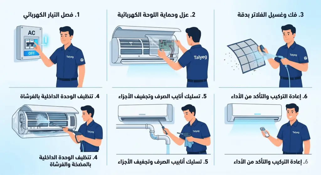 إنفوجرافيك يوضح خطوات تنظيف المكيف السبلت الـ 6 بالتفصيل - فريق شركة تليج صيانة مكيفات جدة